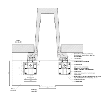 Dettaglio delle travi prefabbricate della palestra scolastica prima del collegamento ai telai perimetrali